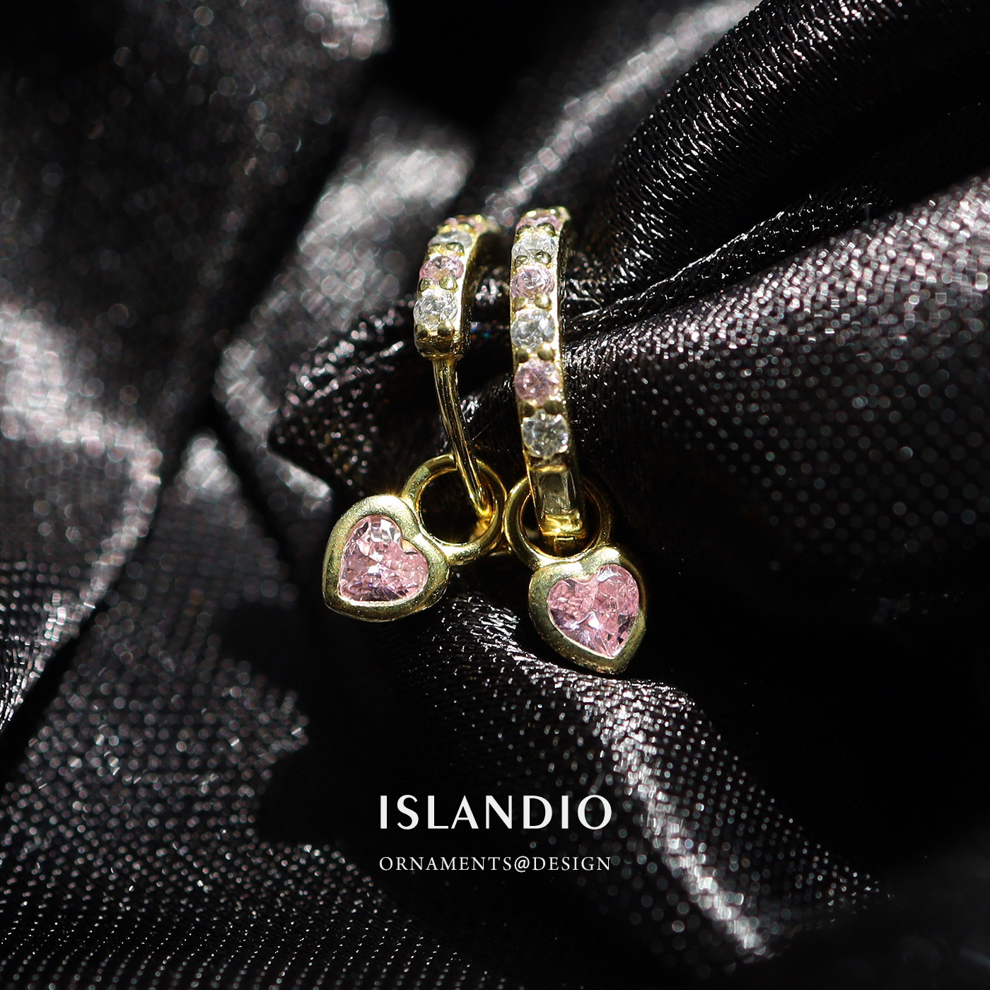 ISLANDIO小桃心粉钻纯银镀18k金耳圈精致迷你气质耳环养耳骨环女