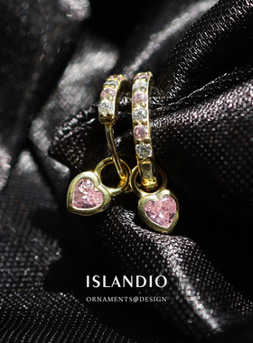ISLANDIO小桃心粉钻纯银镀18k金耳圈精致迷你气质耳环养耳骨环女