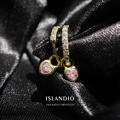 ISLANDIO粉钻小桃心纯银耳圈耳环