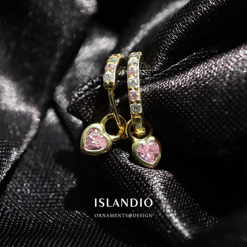 ISLANDIO粉钻小桃心纯银耳圈耳环