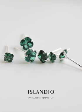 ISLANDIO自制祖母绿方钻镶嵌宝石艺术特色耳钉小巧精致纯银耳饰女