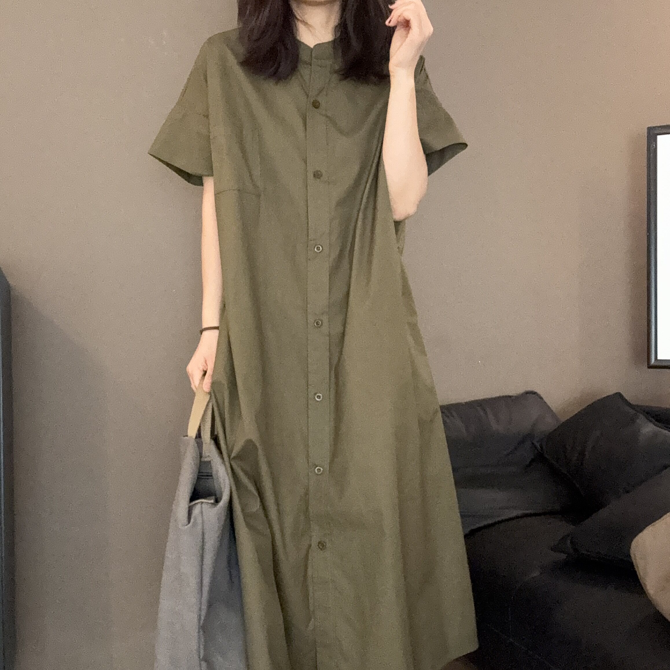 慵懒风绿色衬衫连衣裙女长款宽松显瘦高级感松弛感裙子