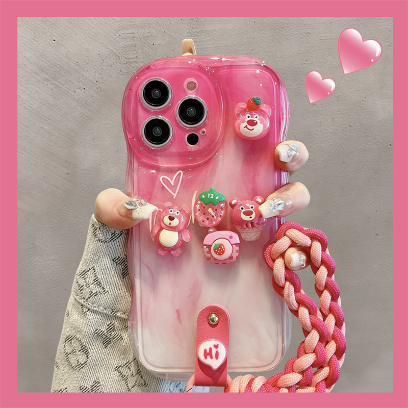 适用苹果15promax手机壳13趣味草莓熊晕染iphone14新款12手机链11高级感14promax超火小众13pro女款15手机套