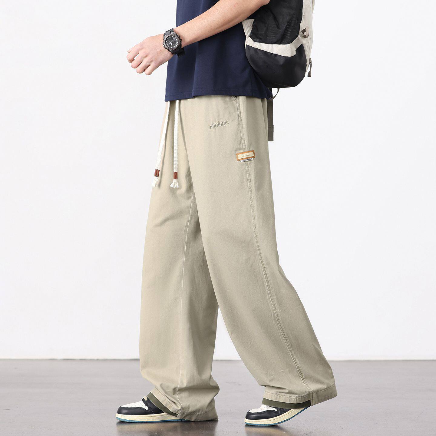 美式高街纯棉休闲裤子男款夏季薄款潮流宽松直筒运动工装长裤男生