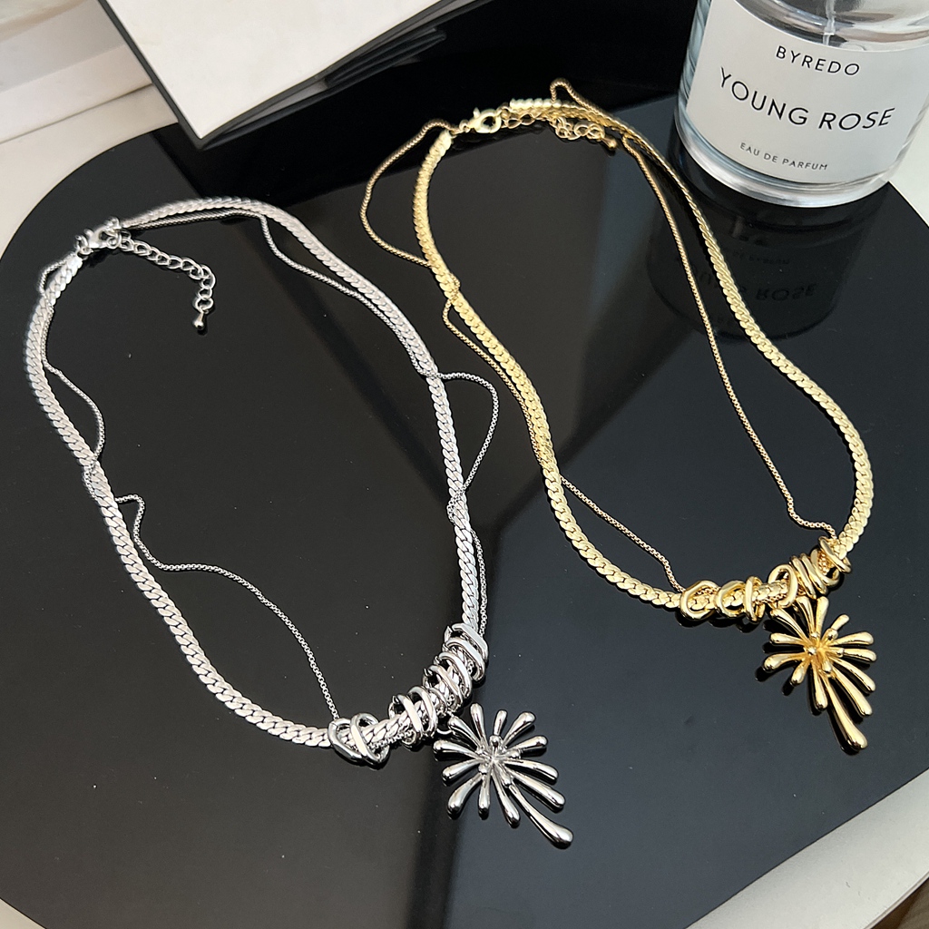 小众轻奢双层金属项链女烟花吊坠锁骨链高级感吊坠