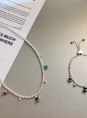 日系轻奢土星珍珠项链女彩色吊坠爱心珠链高级感小众设计手链