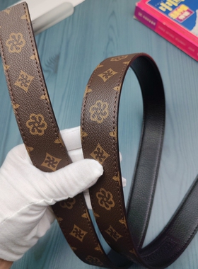 3.5港风印花自动扣皮带男棕色老花真皮牛皮大牌平替商务卡槽腰带