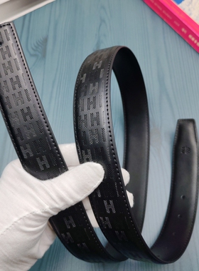 3.8无头皮带男士高档HH纹真皮牛皮青年奢侈品大牌H扣平替腰带百搭