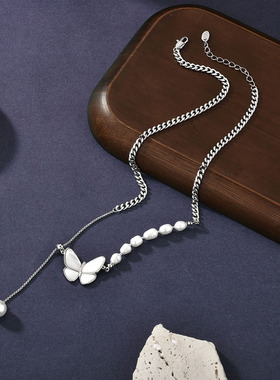 珍珠蝴蝶项链女轻奢小众设计感拼接奇异珍珠锁骨链颈链毛衣链