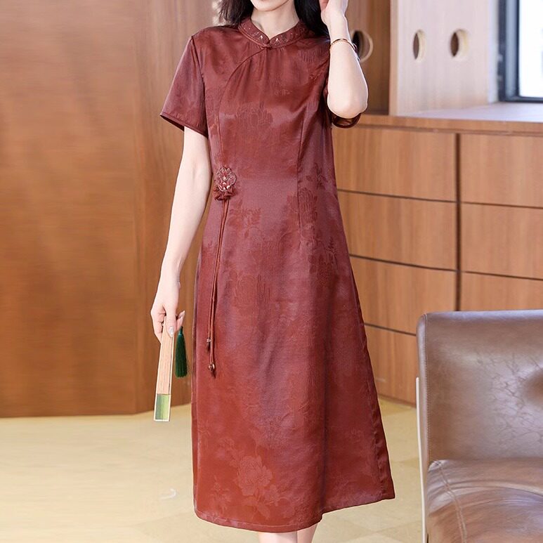 高端真丝香云纱连衣裙桑蚕丝2025新款夏女士大码中年妈妈旗袍长款