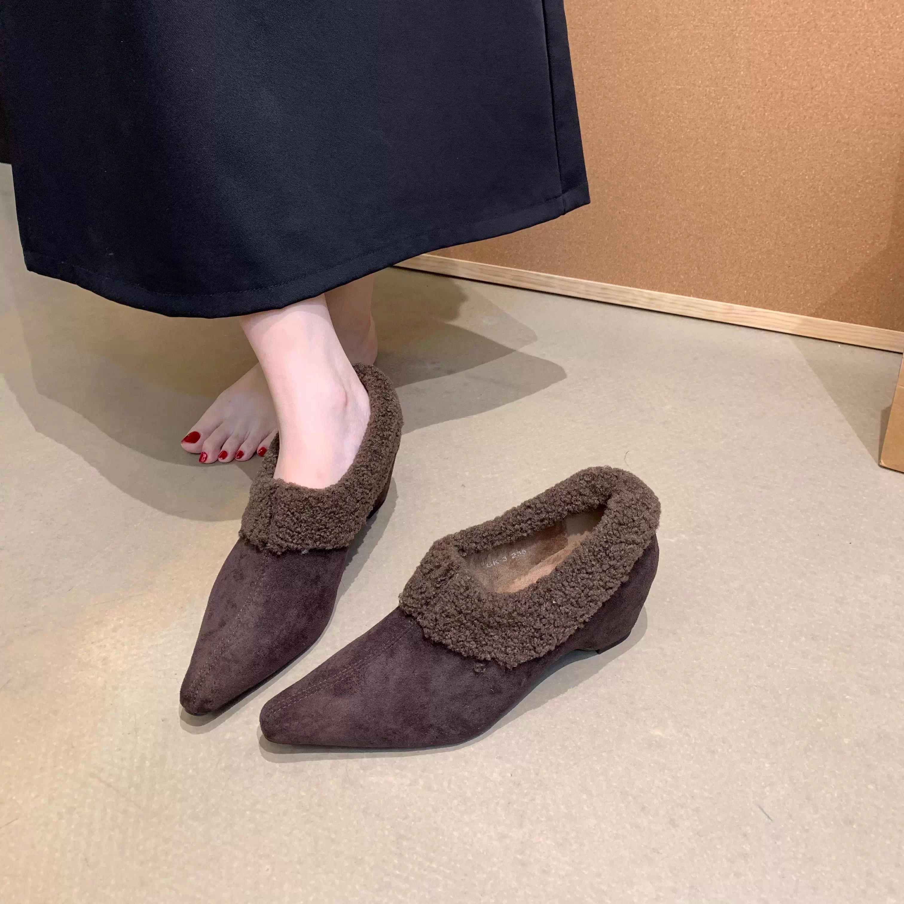 潮牌内增高玛丽珍毛毛鞋女2025新款冬季加绒保暖棉鞋尖头平底单鞋