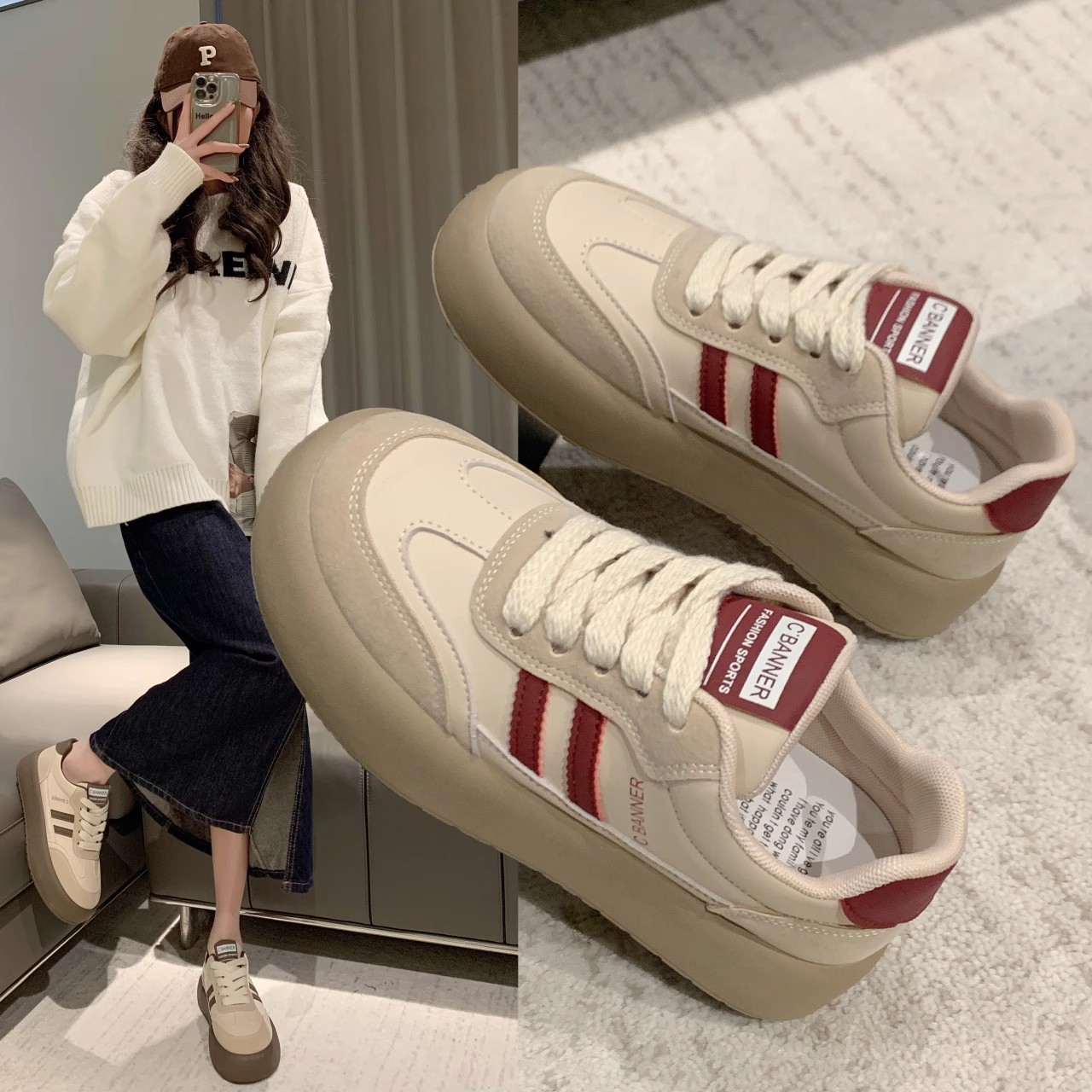 潮牌设计感德训鞋女2024秋季新款增高低帮板鞋厚底休闲百搭小白鞋