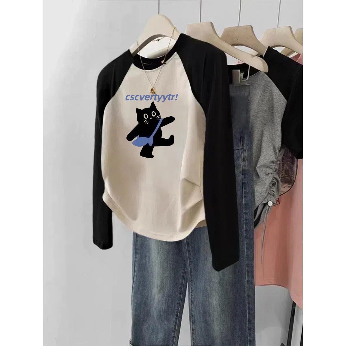 设计感小众插肩袖女t恤2024新款韩版正肩宽松微胖显瘦初秋上衣潮