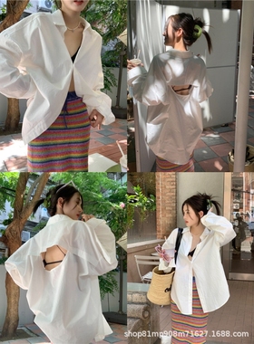 初秋露背衬衫外套女秋季新款宽松中长款小众设计感开衫长袖上衣女