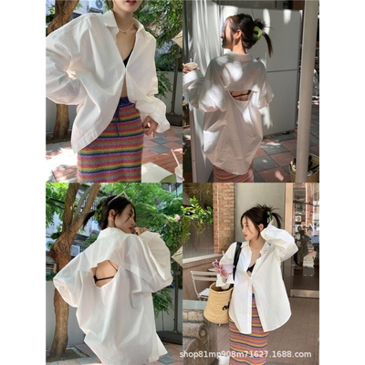 初秋露背衬衫外套女秋季新款宽松中长款小众设计感开衫长袖上衣女
