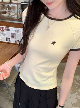 超好看黄色复古条纹刺绣圆领正肩短袖T恤女2025夏季新款显瘦上衣
