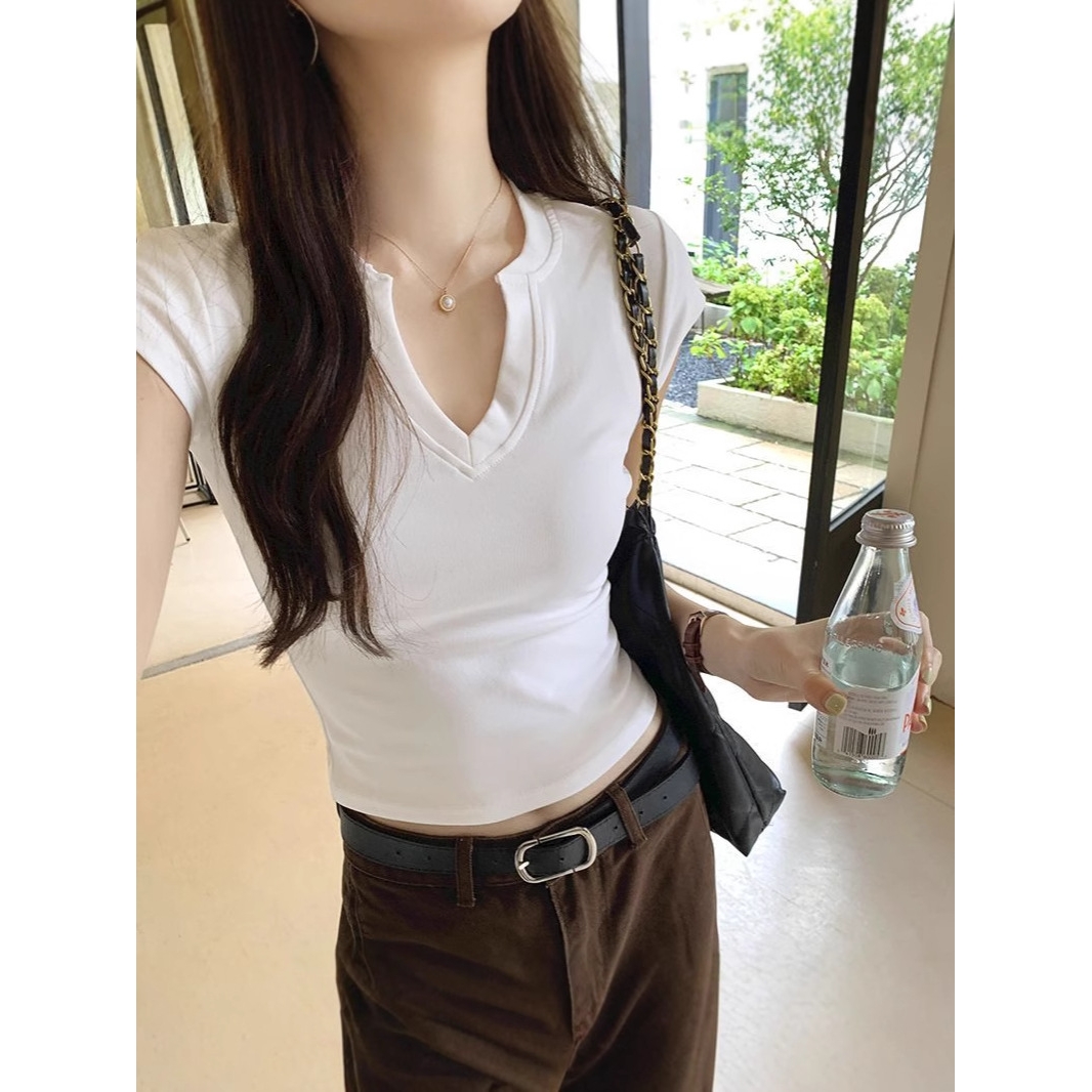 百搭显瘦V领修身短袖T恤女夏季2025新款正肩短款洋气卡腰小衫上衣