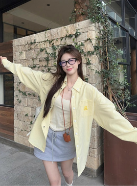 美式条纹衬衫女初秋新款小狗刺绣黄色衬衣宽松防晒外套减龄上衣