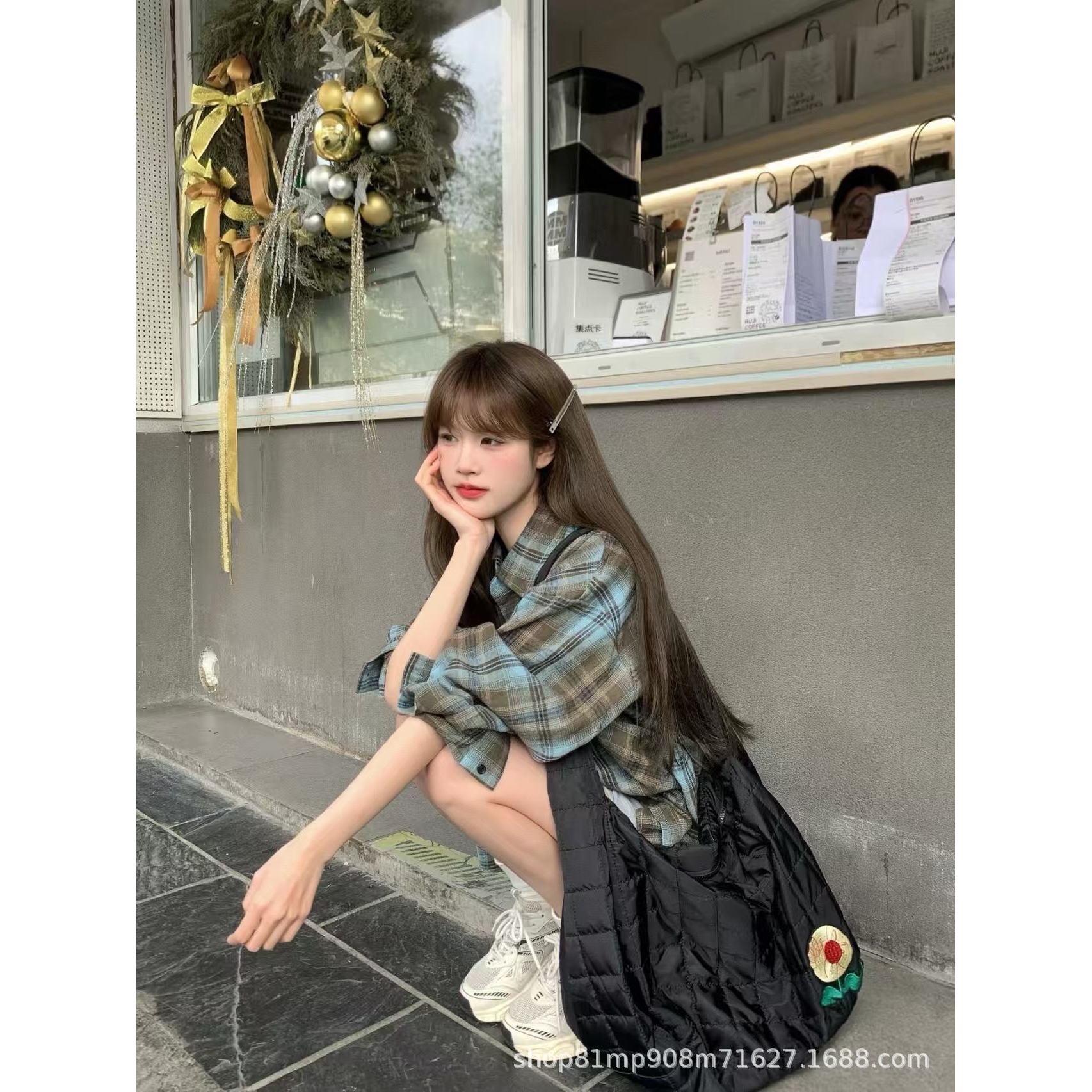 人气美拉蓝穿搭格子衬衫外套女秋季宽松慵懒松弛感高级上衣衬衣女