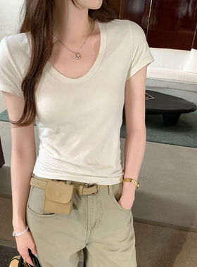 初夏独特漂亮绝美白色纯棉正肩短袖T恤女2025夏日精致设计感上衣