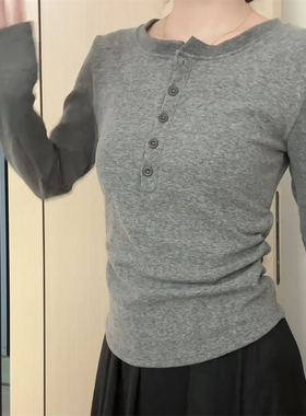 韩系复古亨利领半纽扣长袖t恤女春秋冬德绒磨毛加厚修身显瘦上衣