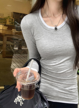撞色假两件打底衫女早秋2024新款长袖T恤设计感小众修身显瘦上衣