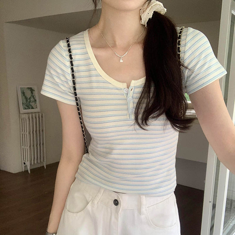 韩系chic甜辣正肩撞色U领条纹短袖女2025夏季新款修身短款T恤上衣