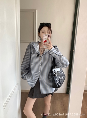 日系复古连帽条纹衬衫女长袖宽松设计感小众中长款上衣衬衣外套秋