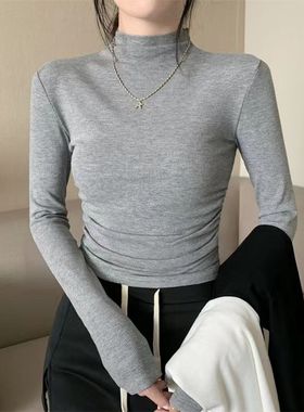 内搭灰色长袖T恤女春秋2025新款修身褶皱辣妹半高领打底衫上衣潮