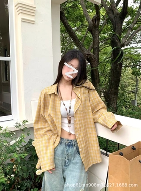 人气 2025 复古格纹黄色衬衫秋季韩系宽松休闲上衣长袖防晒外套潮