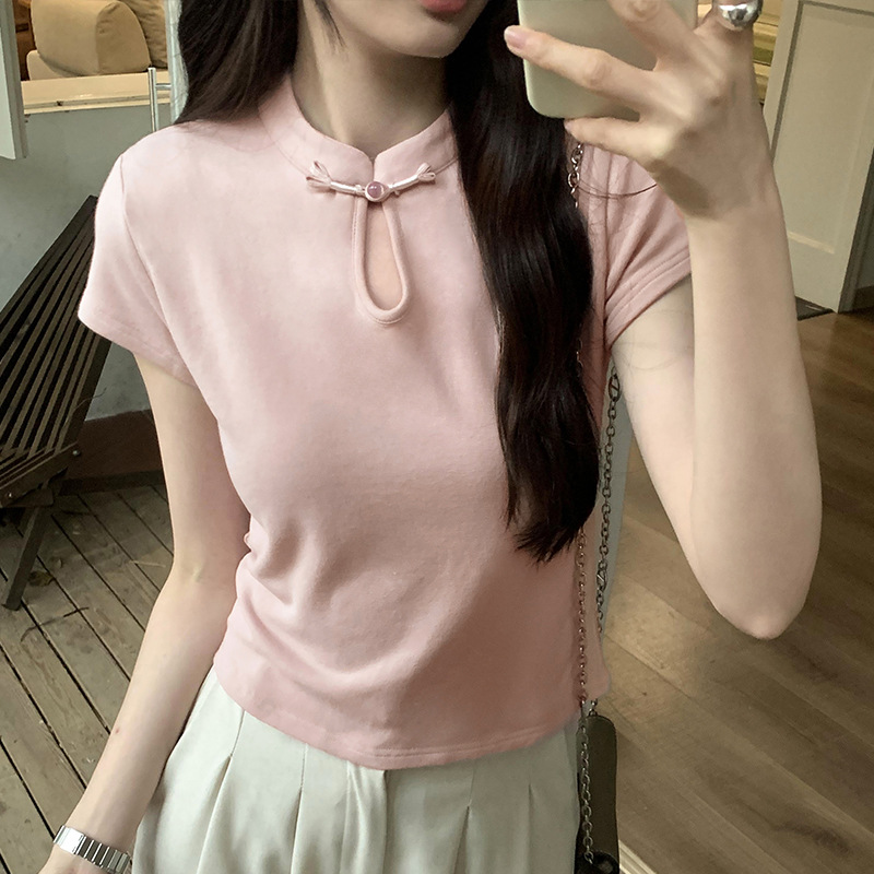 新中式国风正肩短袖T恤女夏季新款爆款立领盘扣短款洋气卡腰上衣