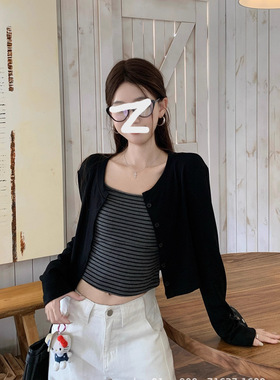 跨境两件套小众撞色条纹吊带背心辣妹套装女秋季气质长袖开衫外套