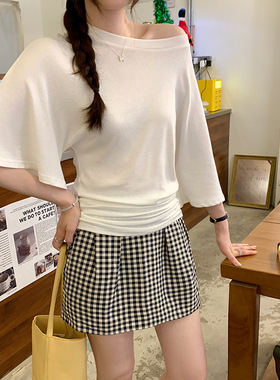 超好看一字肩斜肩宽松五分袖T恤女2025夏季新款独特漂亮掐腰上衣