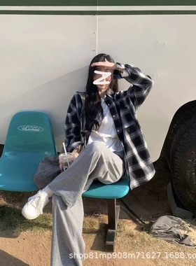 人气韩版撞色格子长袖衬衫秋季开衫上衣宽松休闲衬衣新款外套防晒