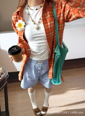 厂家直供橙色格子衬衫女秋季美式复古高级感小个子长袖衬衣日系