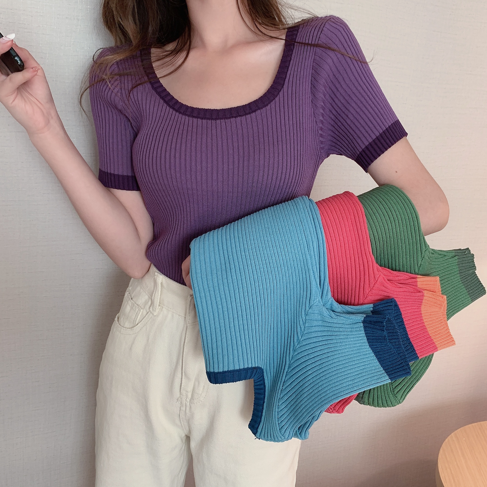 Real Price vintage color matching square collar slim and versatile knitted short sleeve T-shirt