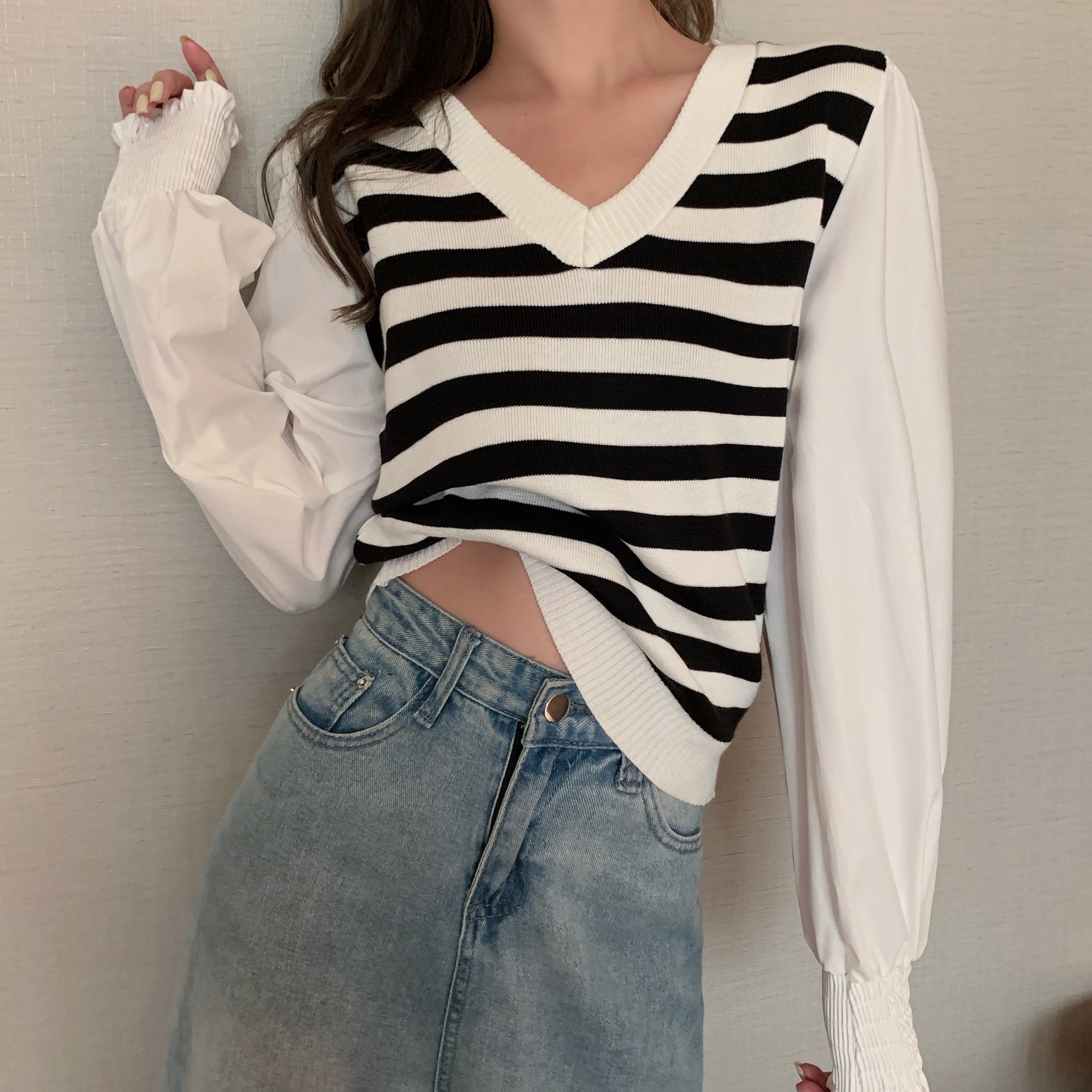 Real shot real price design collar contrast color knitted stitching shirt autumn winter STRIPE TOP