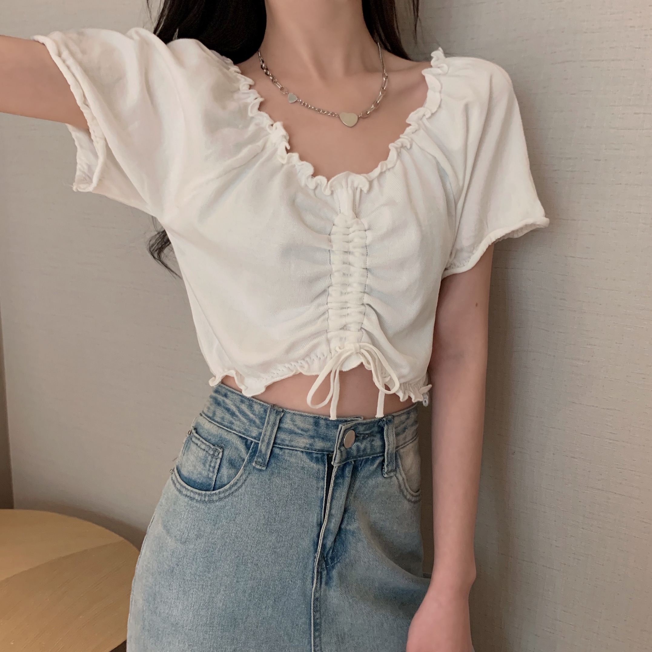 Real price summer new ear side drawstring pleated one line collar open navel short Knitted Top