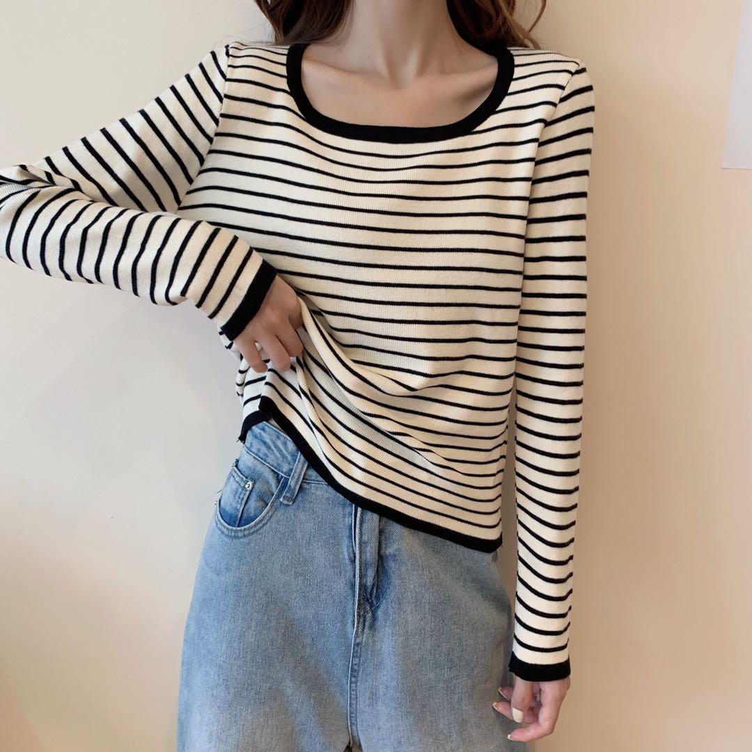 Real shot real price foreign style striped T-shirt, slim fit, versatile, bottom and top, student long sleeve sweater, female