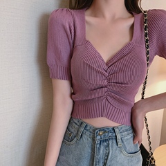 實拍實價      韓版針織衫氣質V領褶皺修身短款T恤上衣