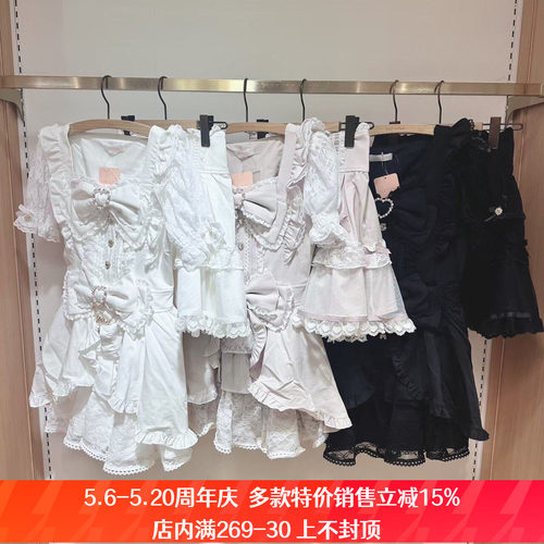 日系夏季黑雪白雪甜美量产型泡泡袖公主裙衣裙裤两件套装