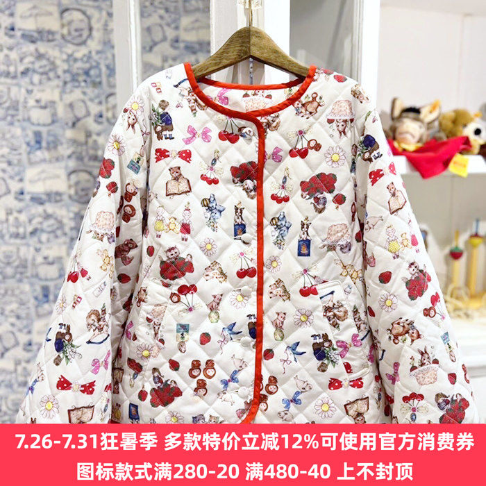 搬仓清货冬季yuk1emon可爱童趣猫咪草莓印花短款薄棉夹克开衫外套
