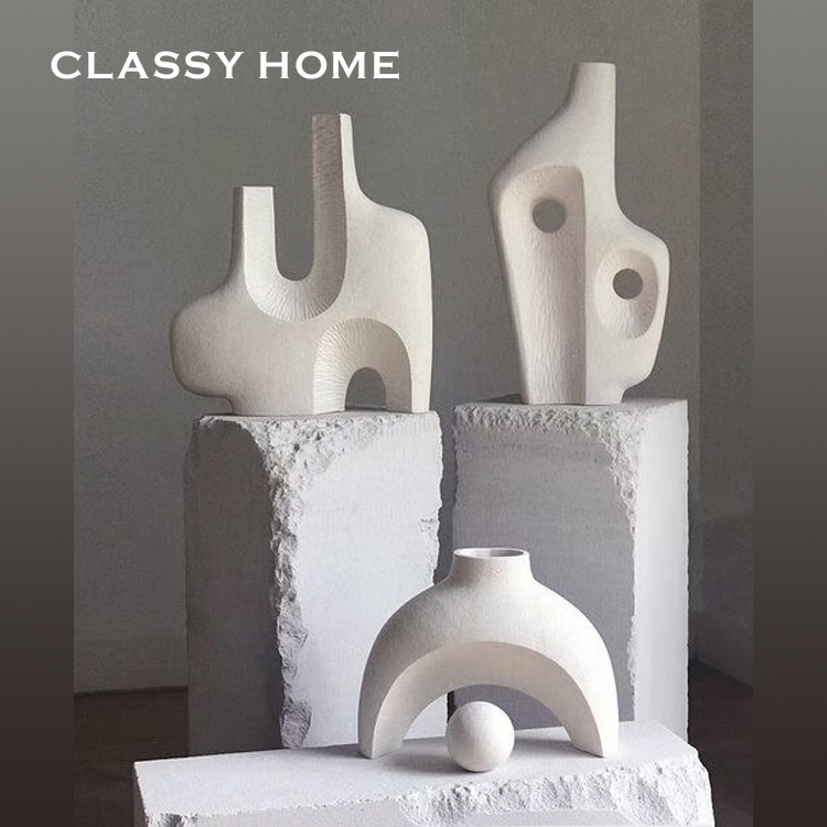 现代抽象简约个性几何白色陶瓷花瓶客厅样板间花插花器侘寂风摆件