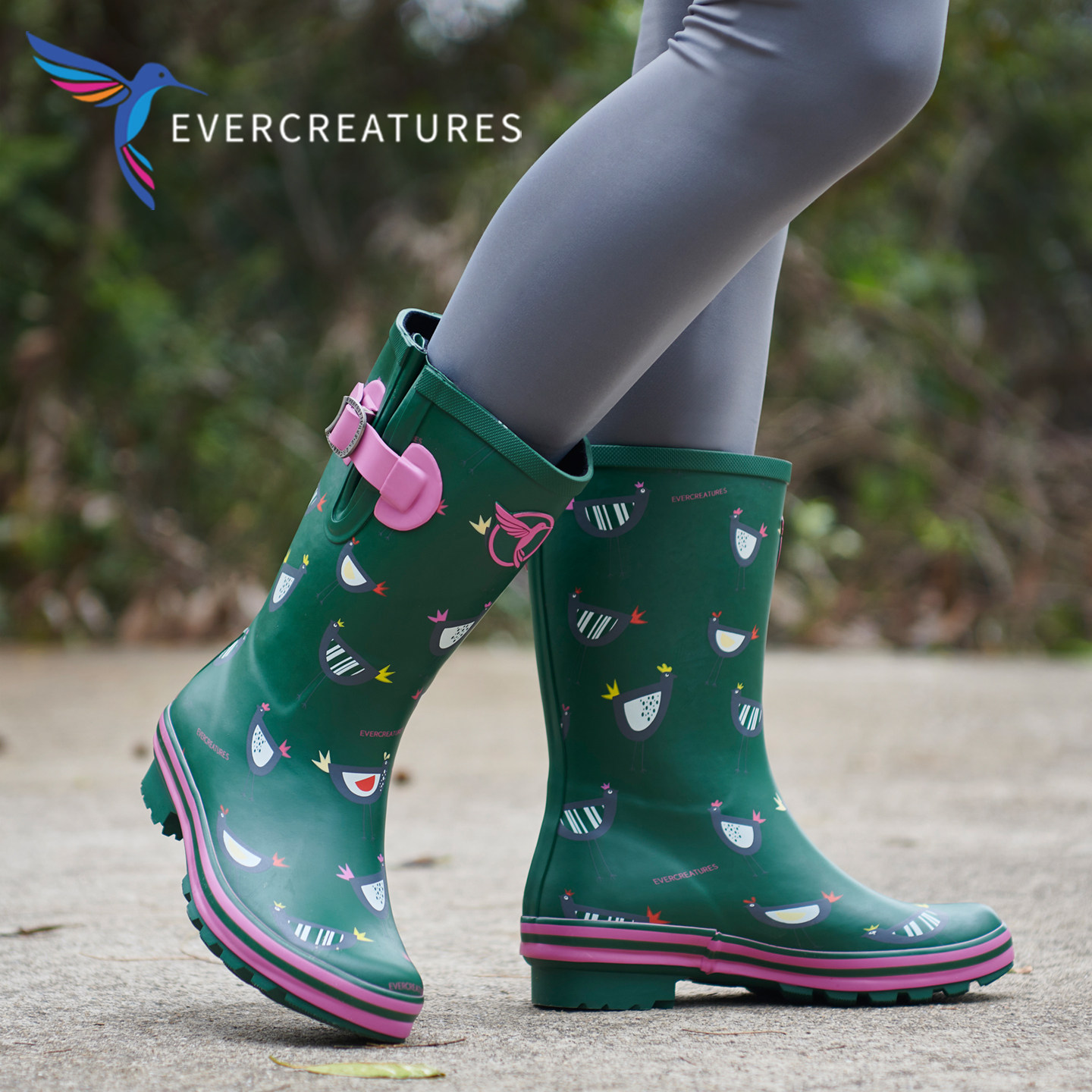 英国品牌雨鞋雨靴女橡胶鞋套成人水鞋防滑时尚雨靴小鸡印花中筒