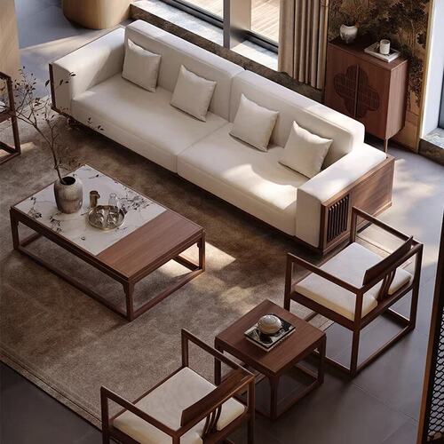 爆款宋式美学别墅客厅黑胡桃沙发