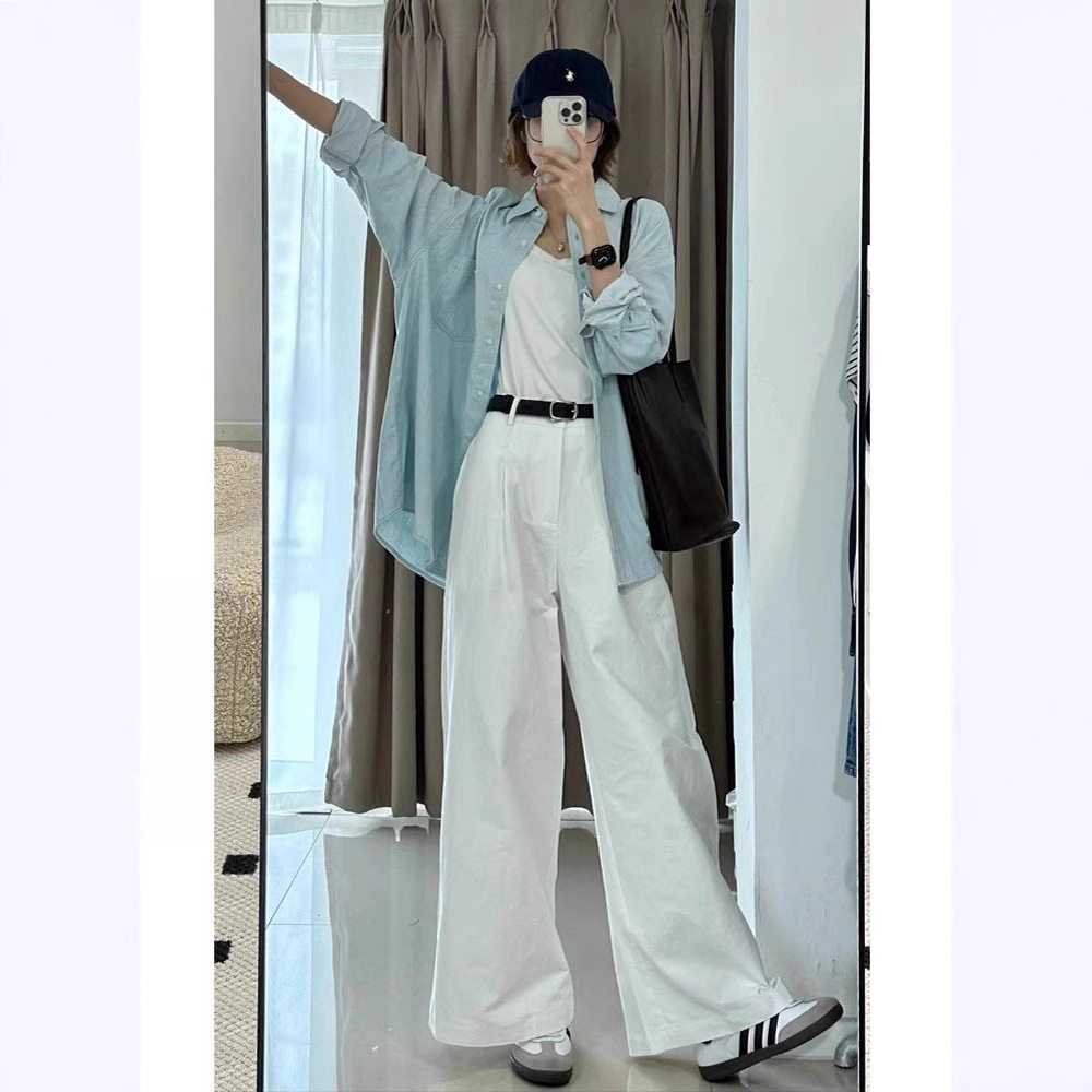 白色阔腿牛仔裤女夏季新款高腰宽松显瘦垂感慵懒拖地直筒休闲裤子