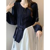 女装 显瘦减龄衬衫 秋季 长袖 蝴蝶结绑带收腰褶皱上衣 新款 实拍大码