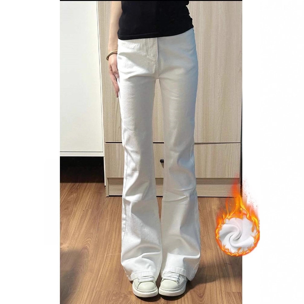 美式白色高腰加绒微喇牛仔裤女2026新款弹力修身显瘦马蹄裤子