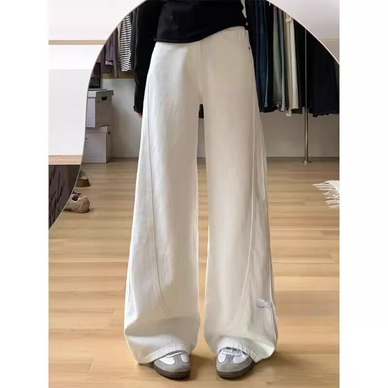 美式高街白色阔腿弯刀牛仔裤女春夏新款高腰宽松显瘦垂感直筒长裤