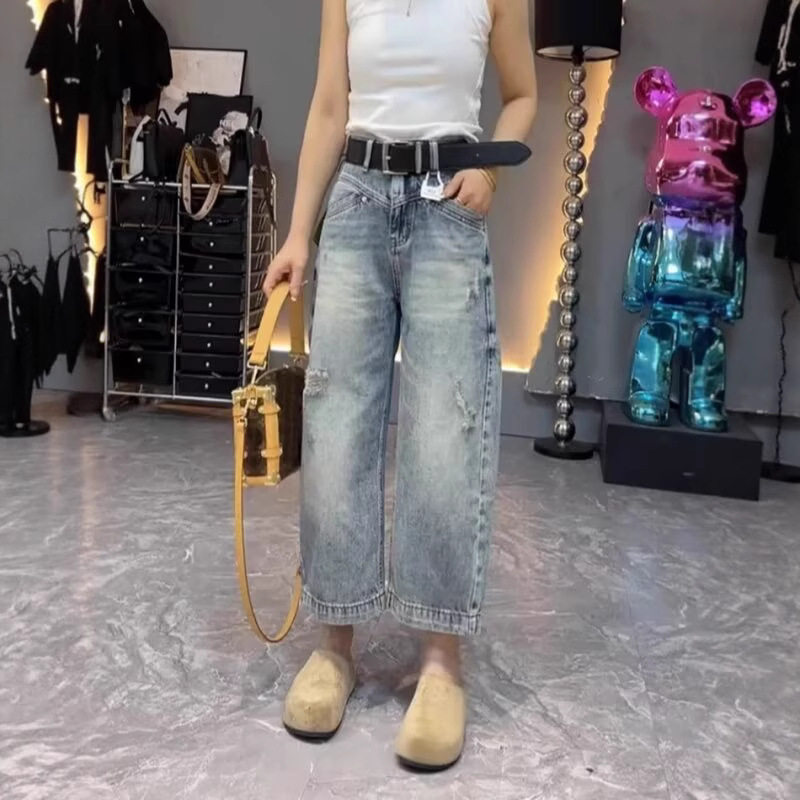 夏季潮流破洞直筒牛仔裤女梨形身材胖mm高腰显瘦小个子阔腿休闲裤